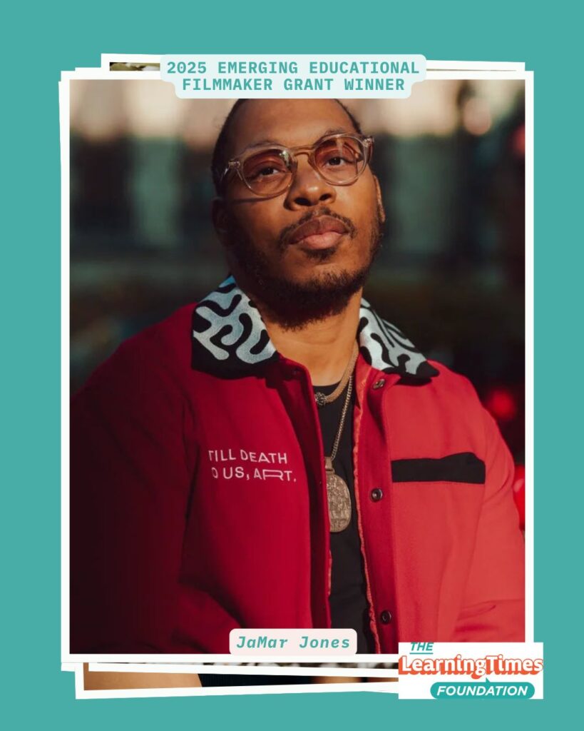Portrait photograph of JaMar Jones wearing clear-framed glasses with tinted lenses and a distinctive red jacket with text reading 'TILL DEATH DO US, PART.' The jacket features a bold black and white geometric patterned collar. JaMar has a goatee and wears a gold chain necklace with a pendant, photographed against a softly blurred background. The image is set on a teal background with white frame borders. Text at the top reads '2025 EMERGING EDUCATIONAL FILMMAKER GRANT WINNER' in teal, with 'JaMar Jones' labeled at the bottom. The Learning Times Foundation logo appears in the bottom right corner.